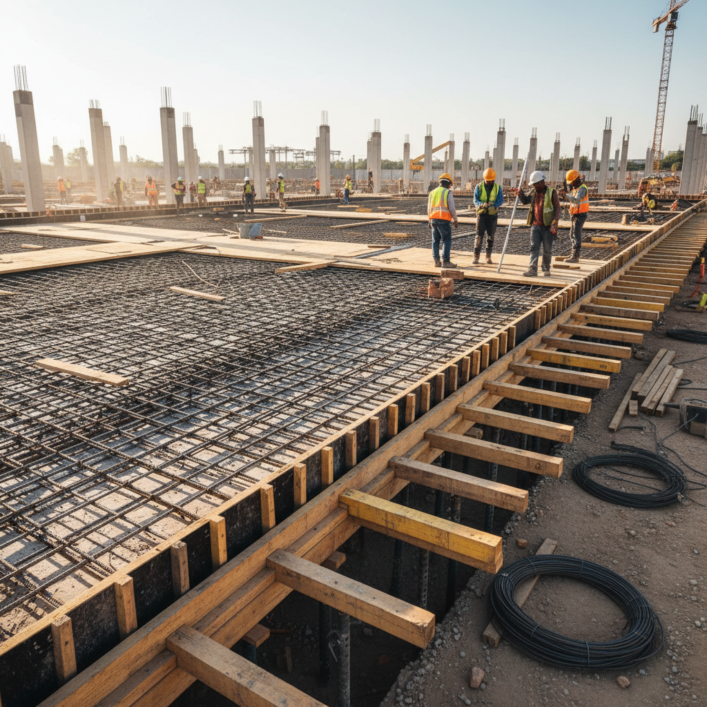 Slab shuttering and reinforcement at Indian construction site
