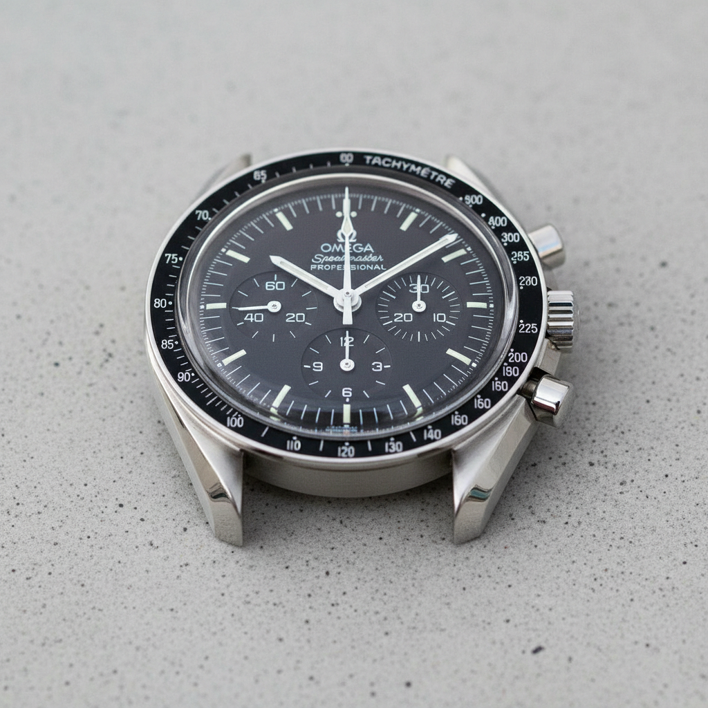 Omega Speedmaster Moonwatch professional chronograph with black dial and tachymetre bezel