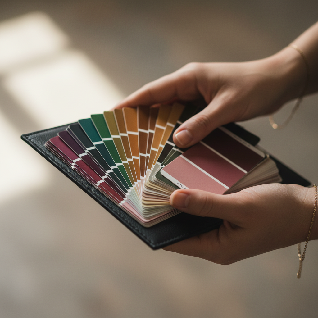Client holding physical color swatch wallet showing their diagnosed seasonal palette colors