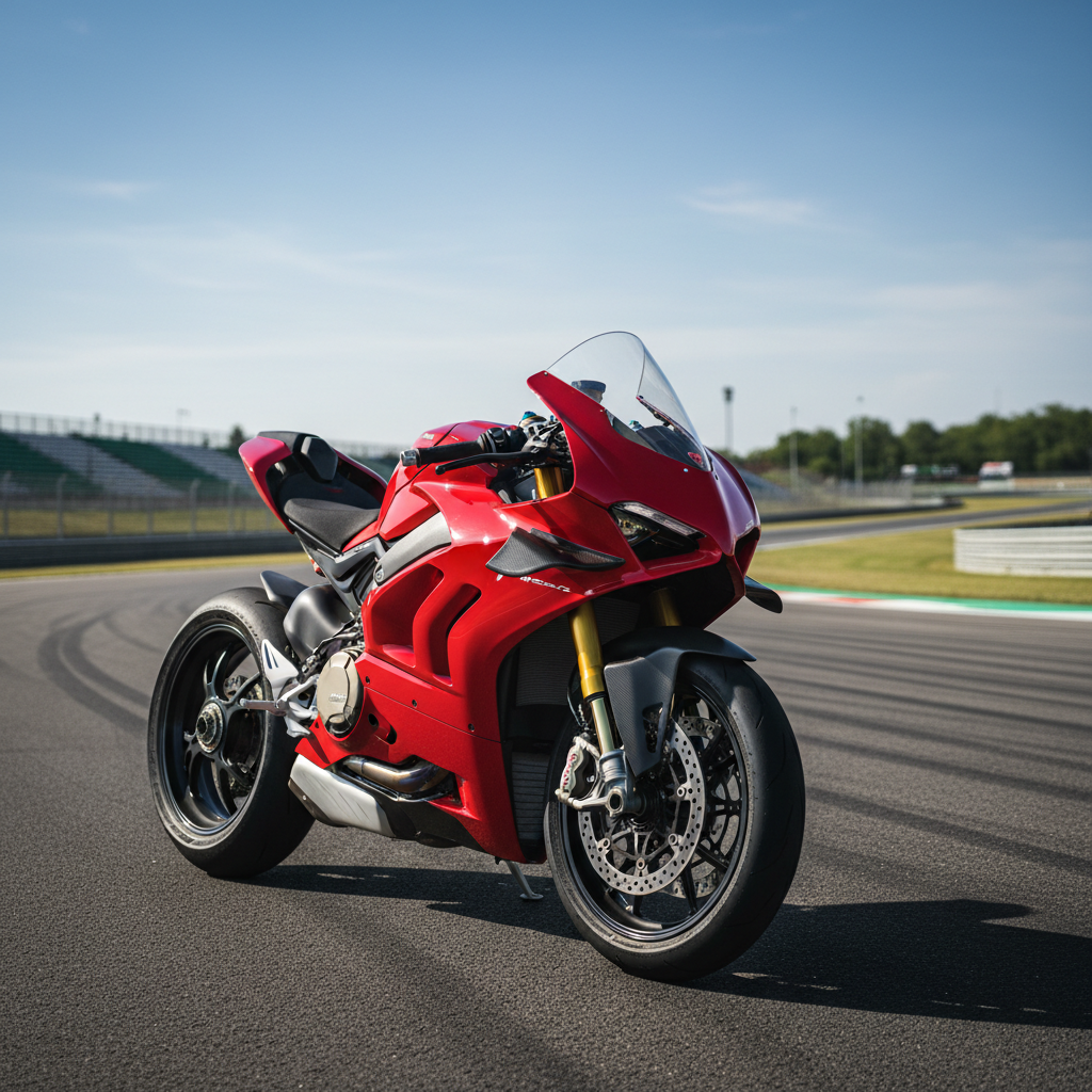 Superbike with aggressive winglets, titanium exhaust, race-derived aerodynamics, carbon fiber bodywork, limited edition track spec