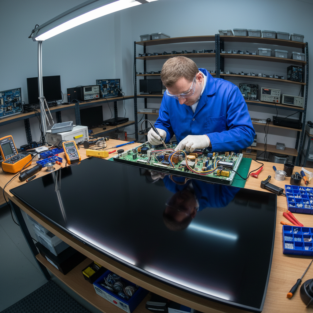 Certified TVCareDocs technician repairing a large flat-screen TV in a professional workshop setting