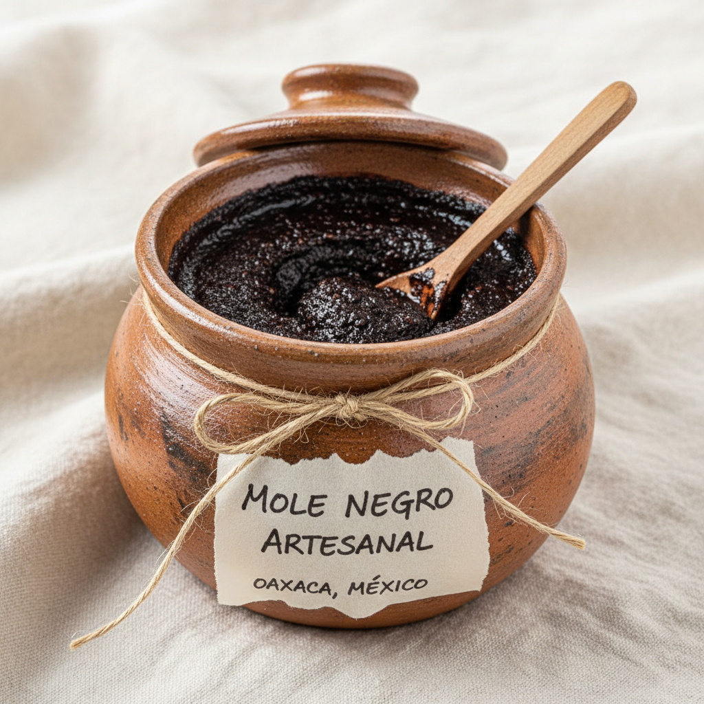 Dark mole negro paste in hand-thrown ceramic jar with hand-written label on warm cream linen background