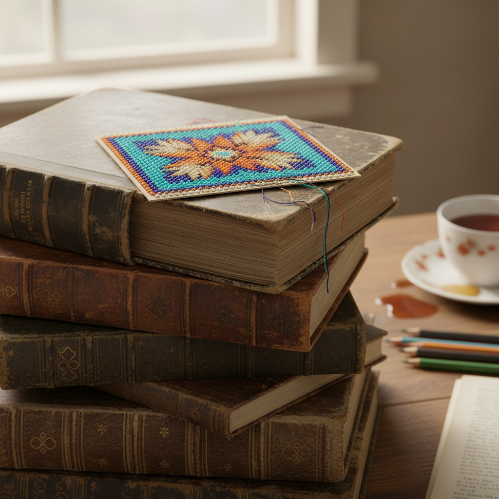 Stack of books with a beadwork pattern card tucked inside the top cover