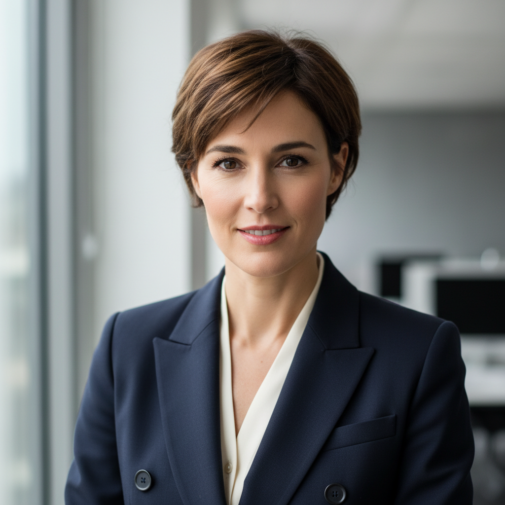 Portrait femme d'affaires élégante française aux cheveux bruns, tenue professionnelle, sourire discret, arrière-plan flou
