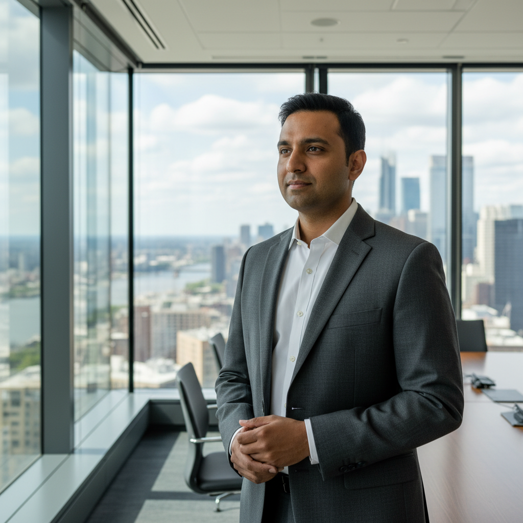 Professional Indian man, thoughtful expression, business casual