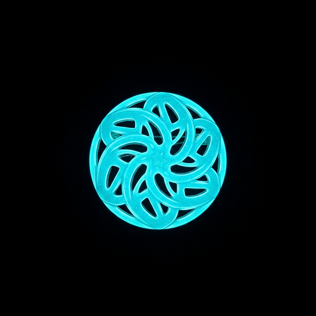 Cyan glow jewelry product pin with dark void background and precise masking