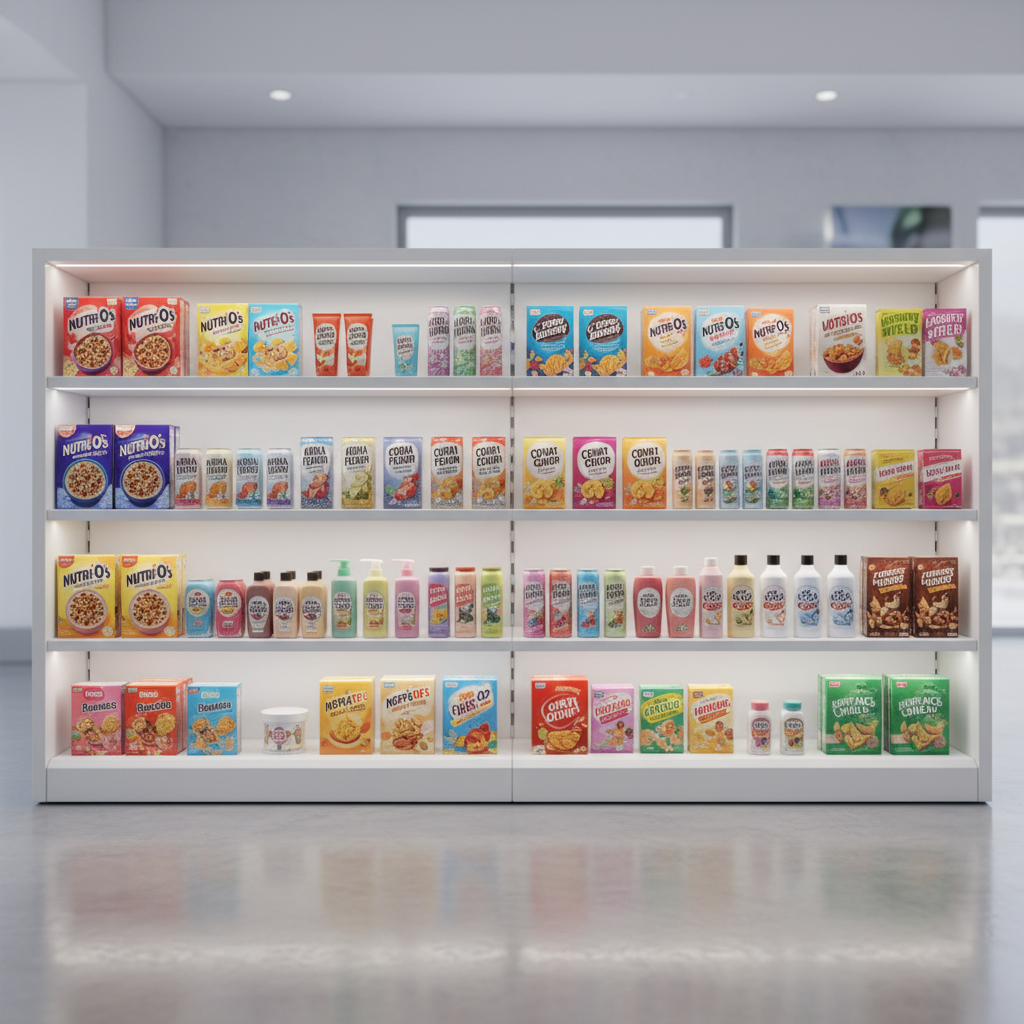 Supermarket shelves fully stocked with FMCG consumer goods products