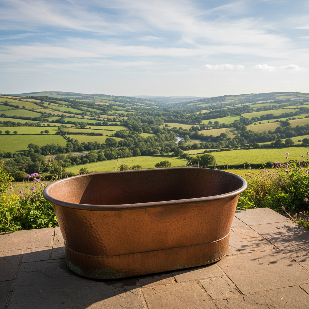 Copper outdoor soaking tub under open sky with Devon valley view at Wander
