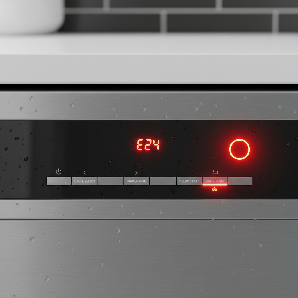 Dishwasher control panel displaying E24 error code with flashing indicator lights