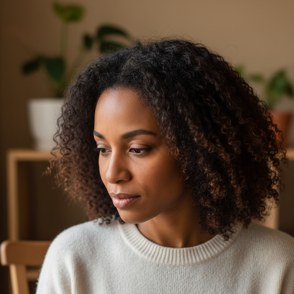 Diane Okafor, a Nigerian-American woman in her late 30s, natural hair, thoughtful expression