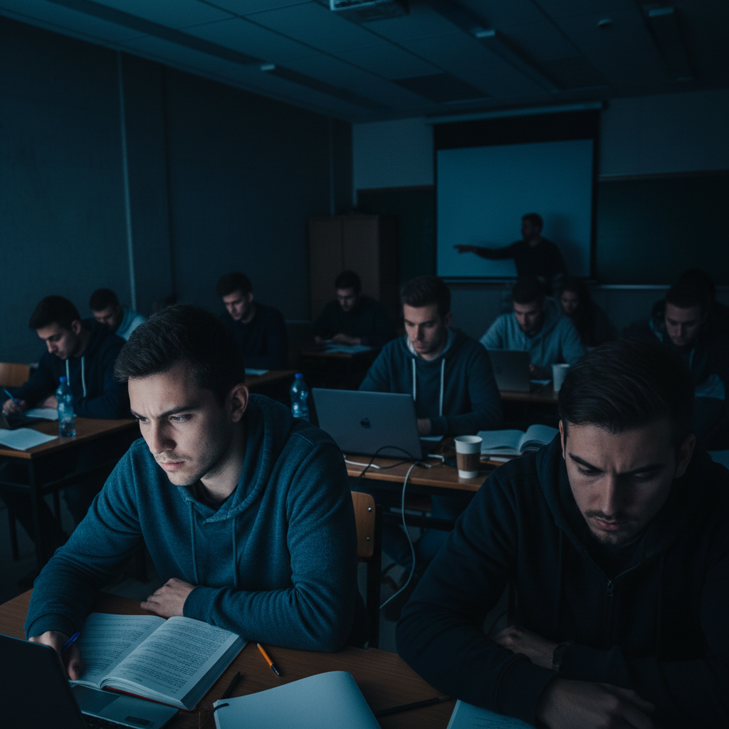 Students in aviation ground school classroom, dimly lit, focused study environment, dark academic atmosphere
