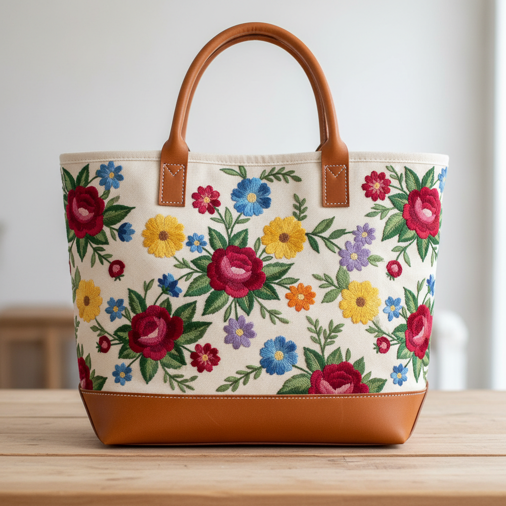 Tas tote kanvas warna cream terang di permukaan kayu, tampak elegan dan minimalis