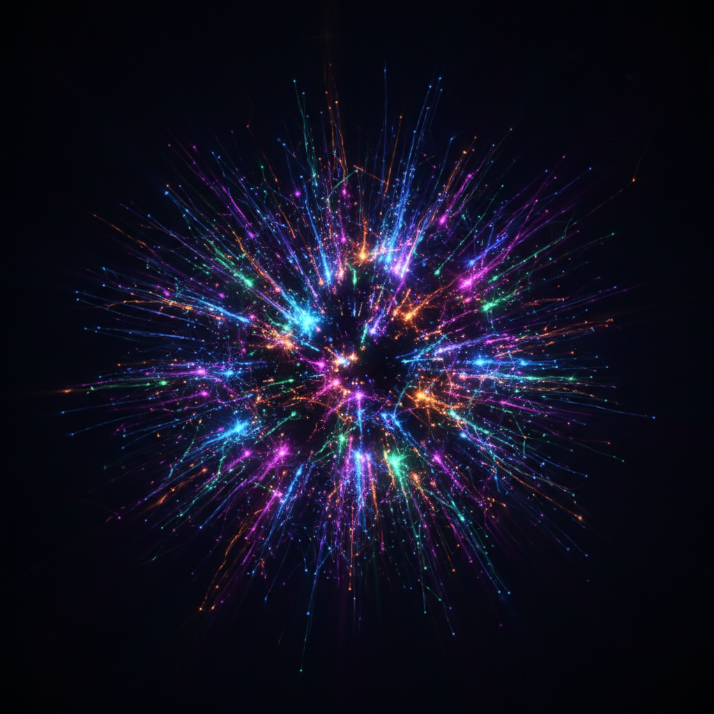 Particle burst mid-bloom — neon scatter across dark void
