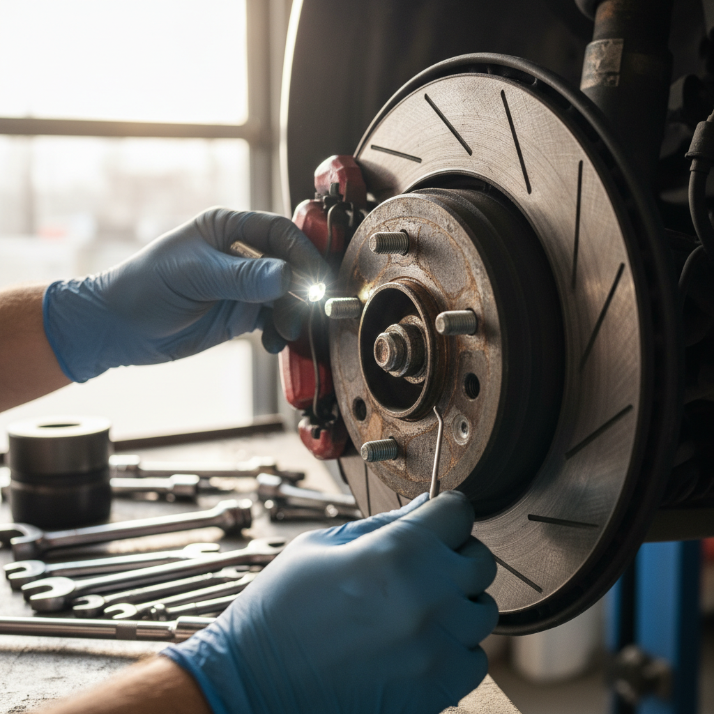 Mechanic inspecting brake rotor and caliper on vehicle in Phoenix auto shop, bright workshop with professional tools