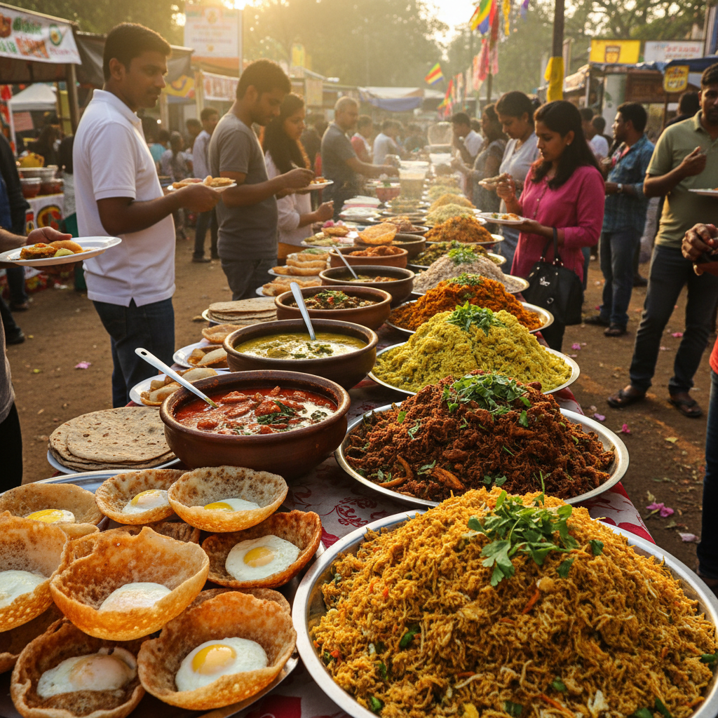 Colorful array of Sri Lankan dishes including hoppers, kottu and curries on a wooden table