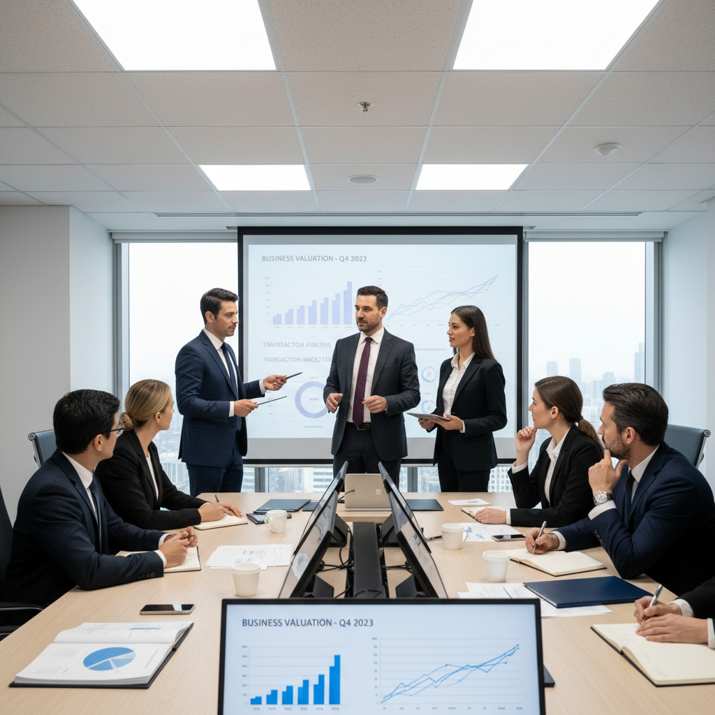 Corporate finance advisors presenting business valuation and transaction analysis to company directors