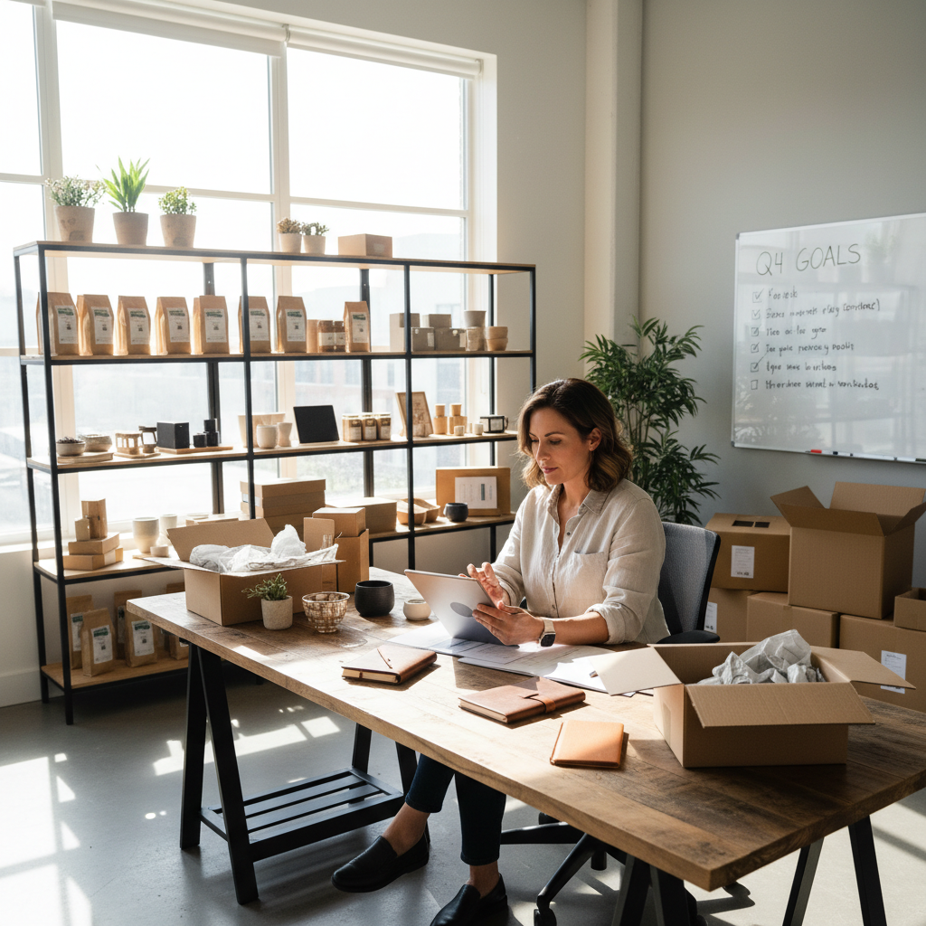 E-commerce business owner reviewing products, bright modern home office, organized workspace