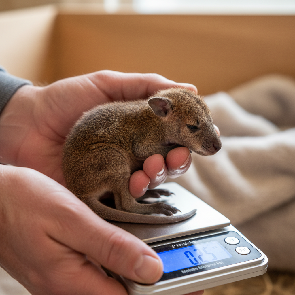 Breeder gently holding tiny joey on precision weight scale