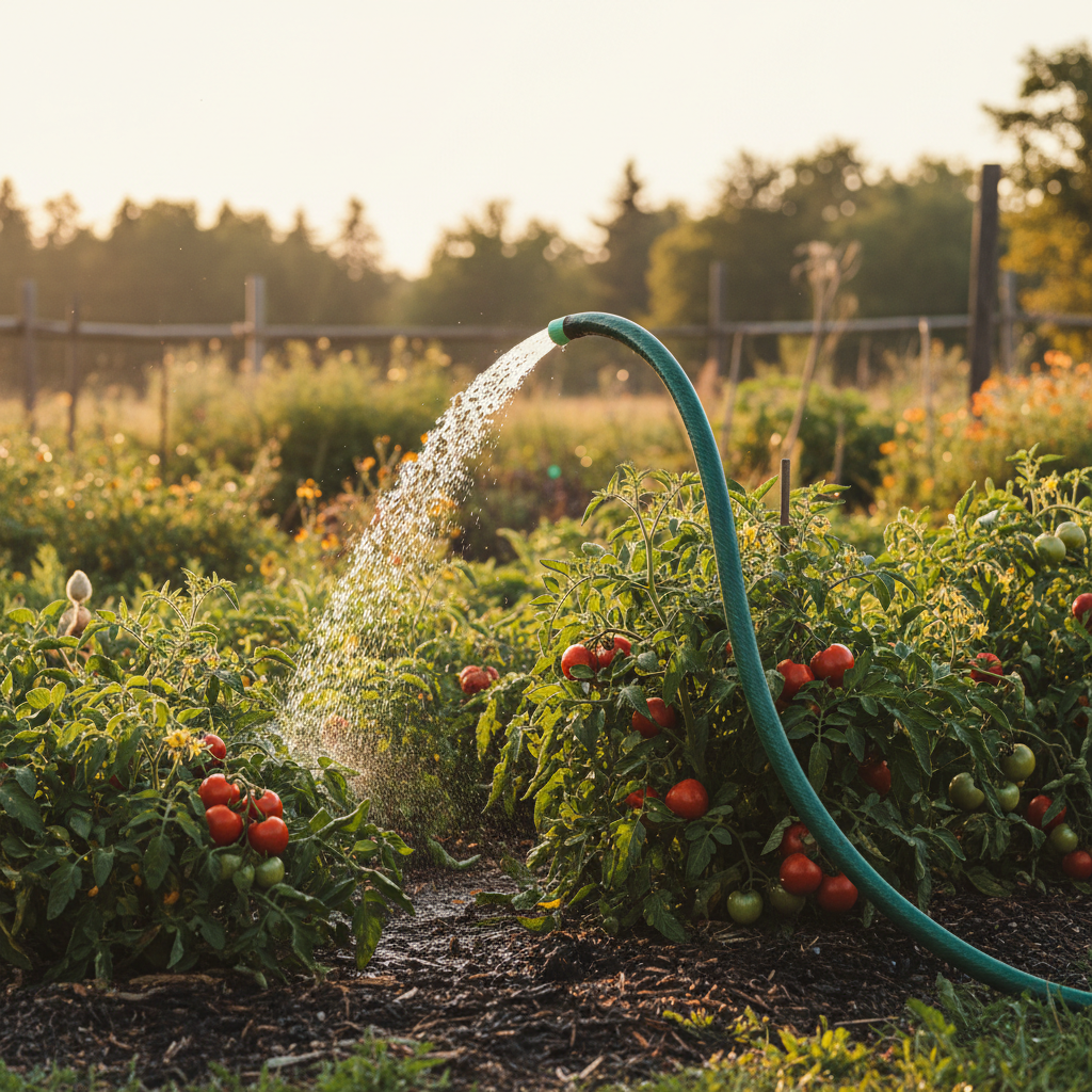 Garden hose arcing over tomato plants in golden hour light