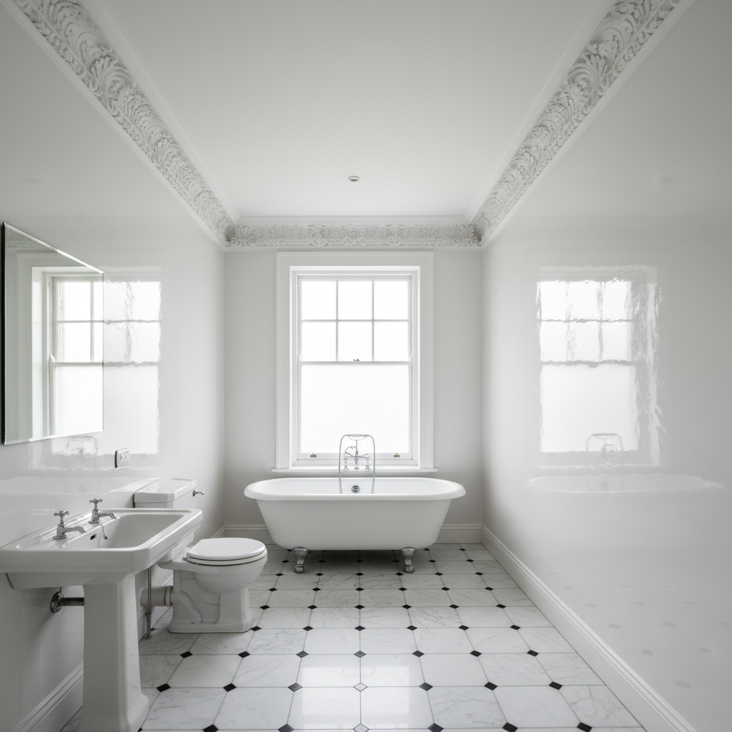 Freshly painted bathroom with white gloss walls and detailed coving in a London property