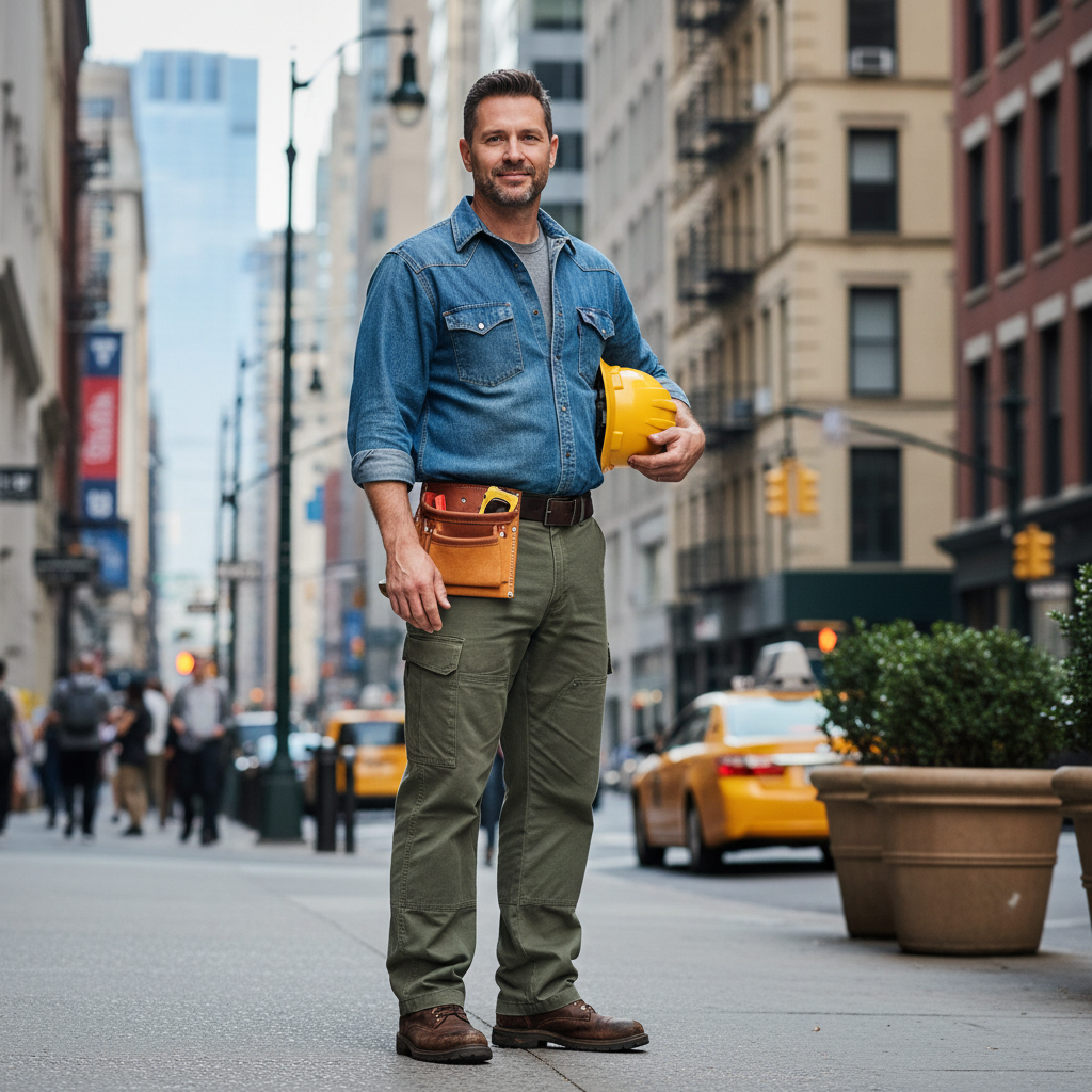 Contractor in a hard hat smiling at a job site on a clear day with bright natural light