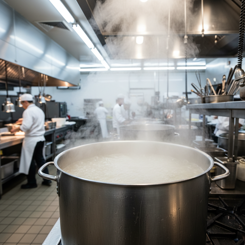 Large stock pot at rolling boil with steam rising in commercial kitchen
