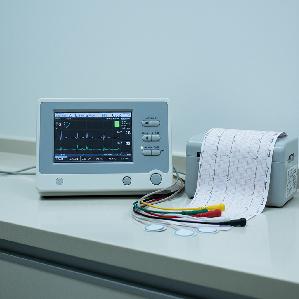 ECG equipment and cardiac monitoring device in a well-lit clinical examination room