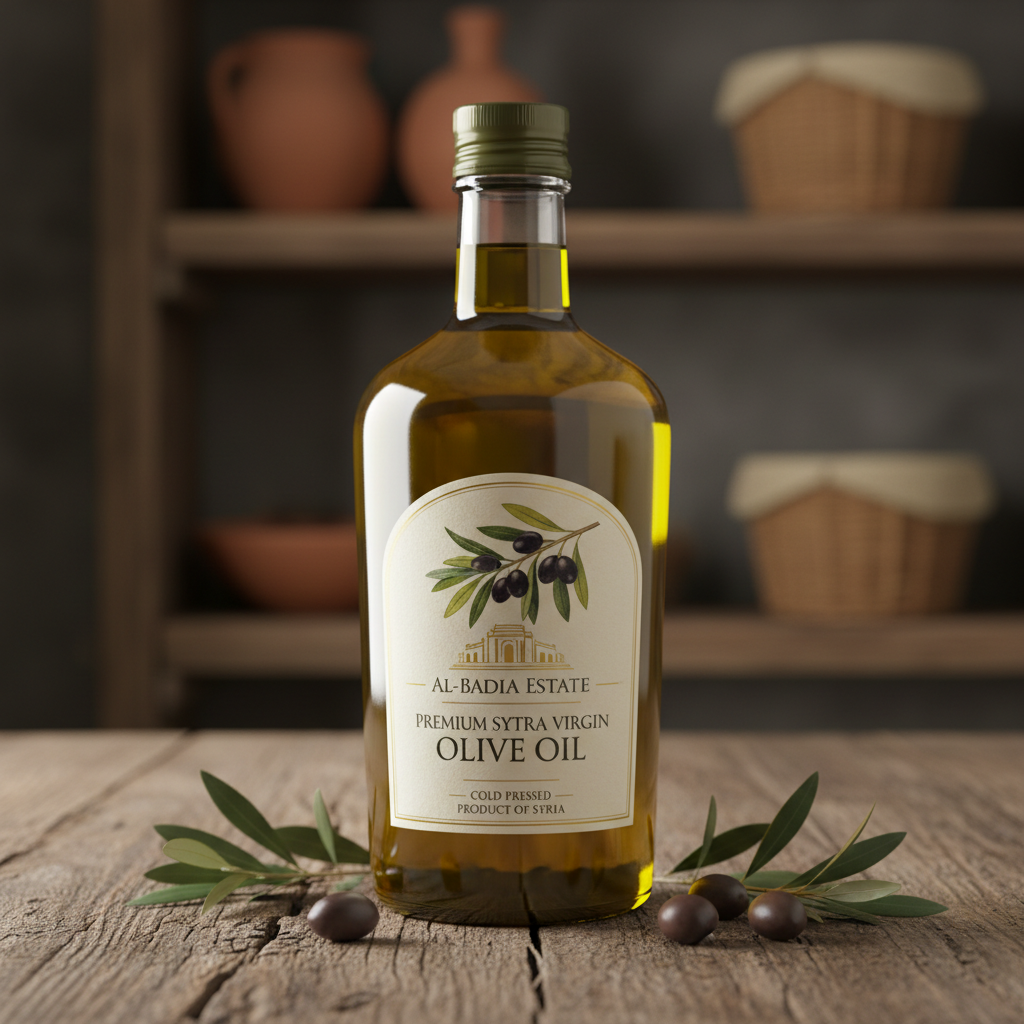 Multiple bottles of premium extra virgin olive oil lined up on a rustic wooden table with olive branches, warm Mediterranean light, artisan product photography