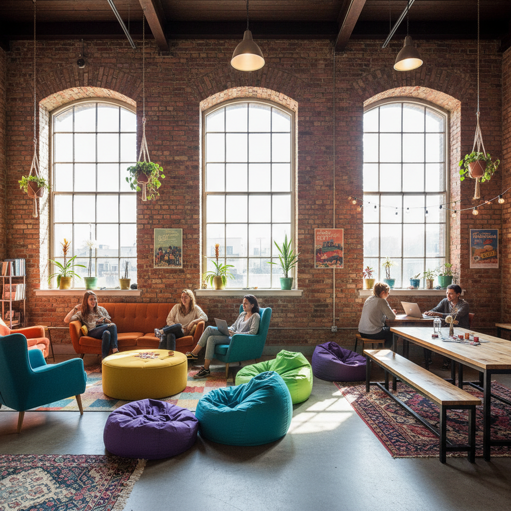 Lively Madrid hostel common area with colorful murals, communal tables, warm amber lighting, multicultural travelers