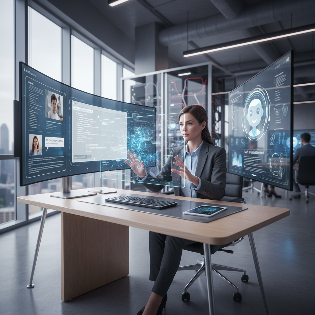 Professional woman with analytical expression, modern office setting, bright atmosphere