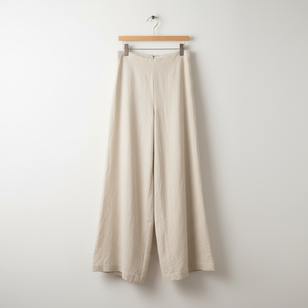 Cream wide-leg trousers on a wooden hanger against a light wall