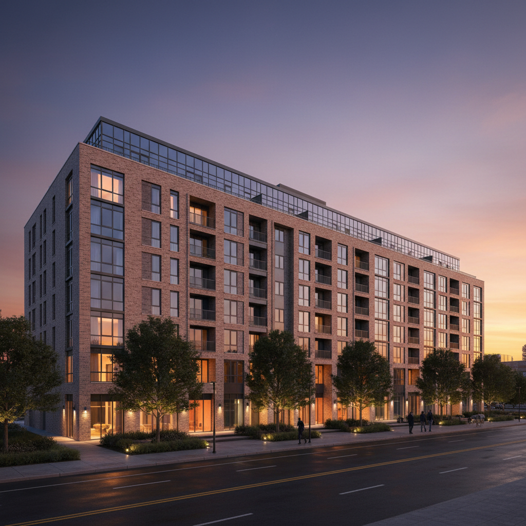 Mid-rise residential building at dusk