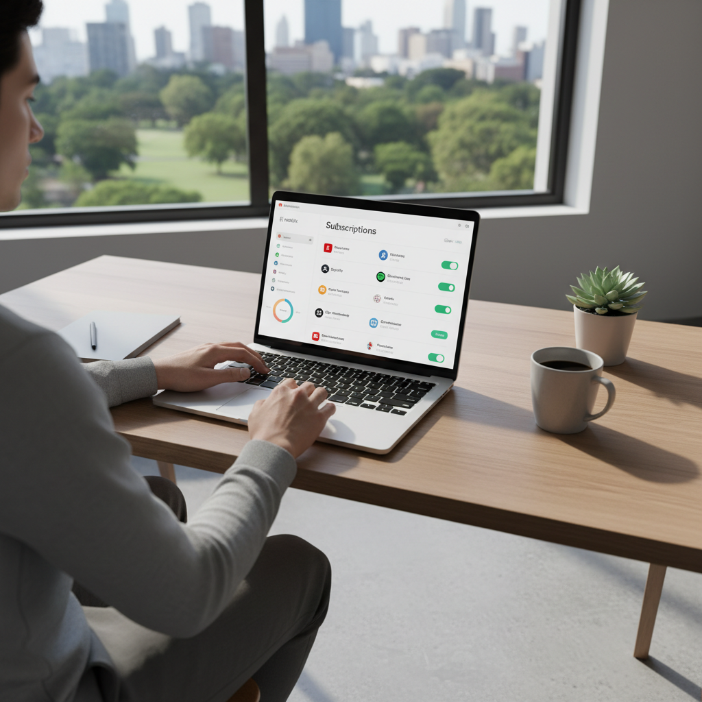 Person browsing subscription plans on a laptop in a bright, airy workspace with white desk