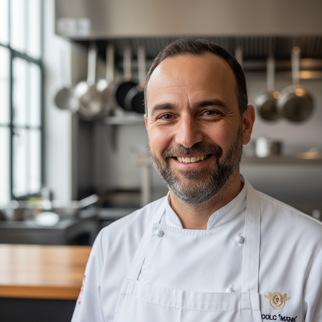 Portrait of Roberto Jimenez, a professional chef in casual clothes smiling