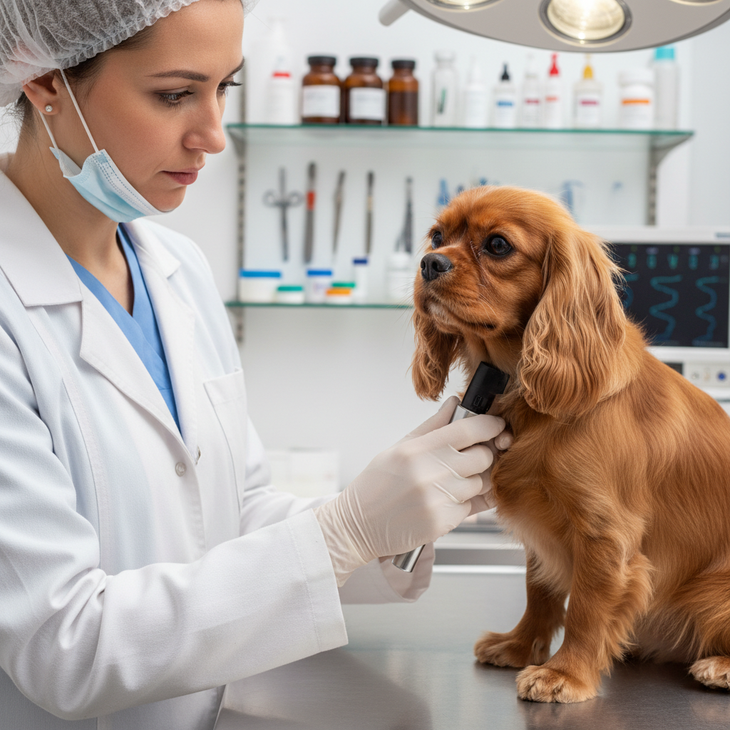 Veterinarian in white coat gently examining a brown dog on a table, bright clinical environment