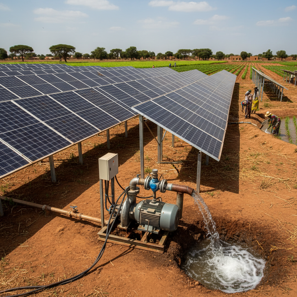 Irrigation solaire Sénégal, pompes solaires submersibles, champs irrigués verdoyants sous soleil africain
