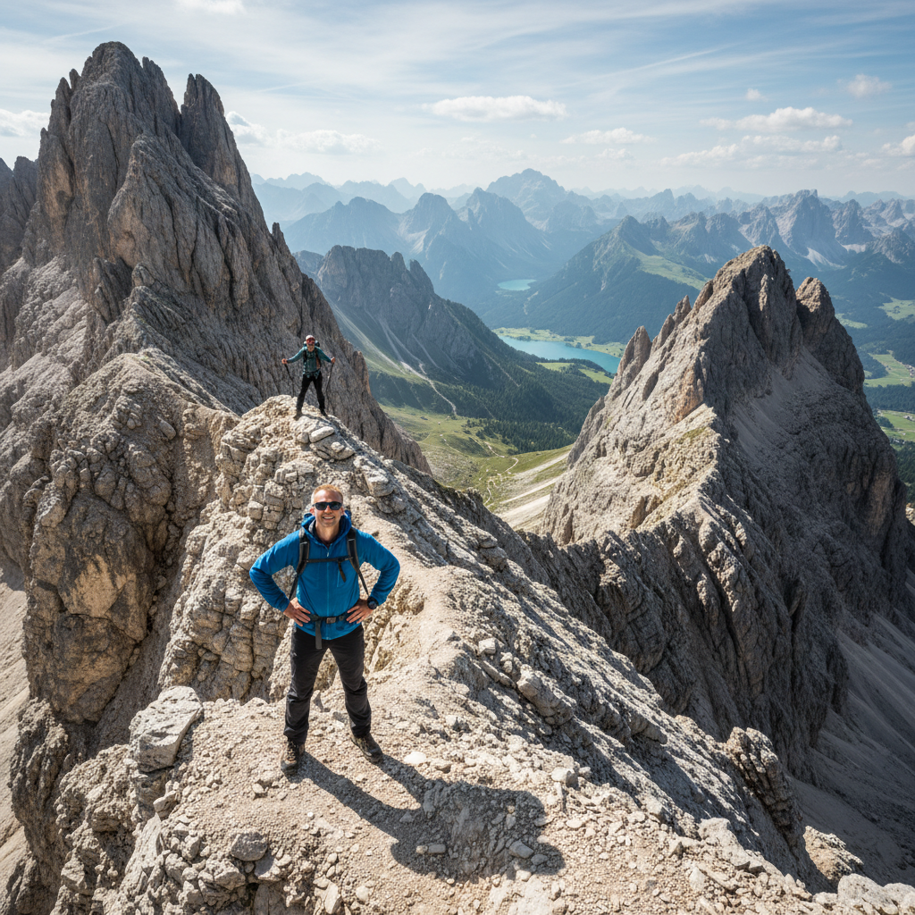 Trekker on exposed Dolomite ridge with dramatic rocky peaks rising on both sides in summer light