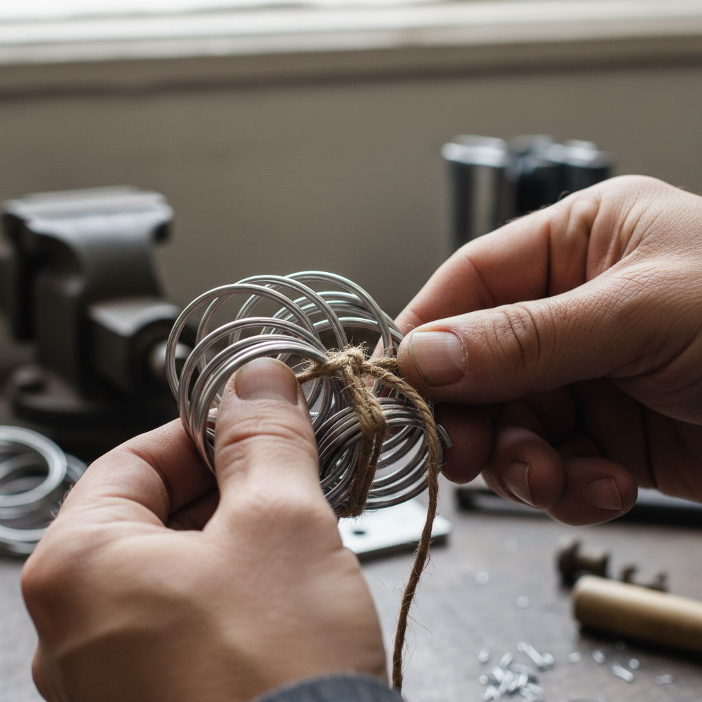 Close-up of spring coils being tied by hand in upholstery workshop