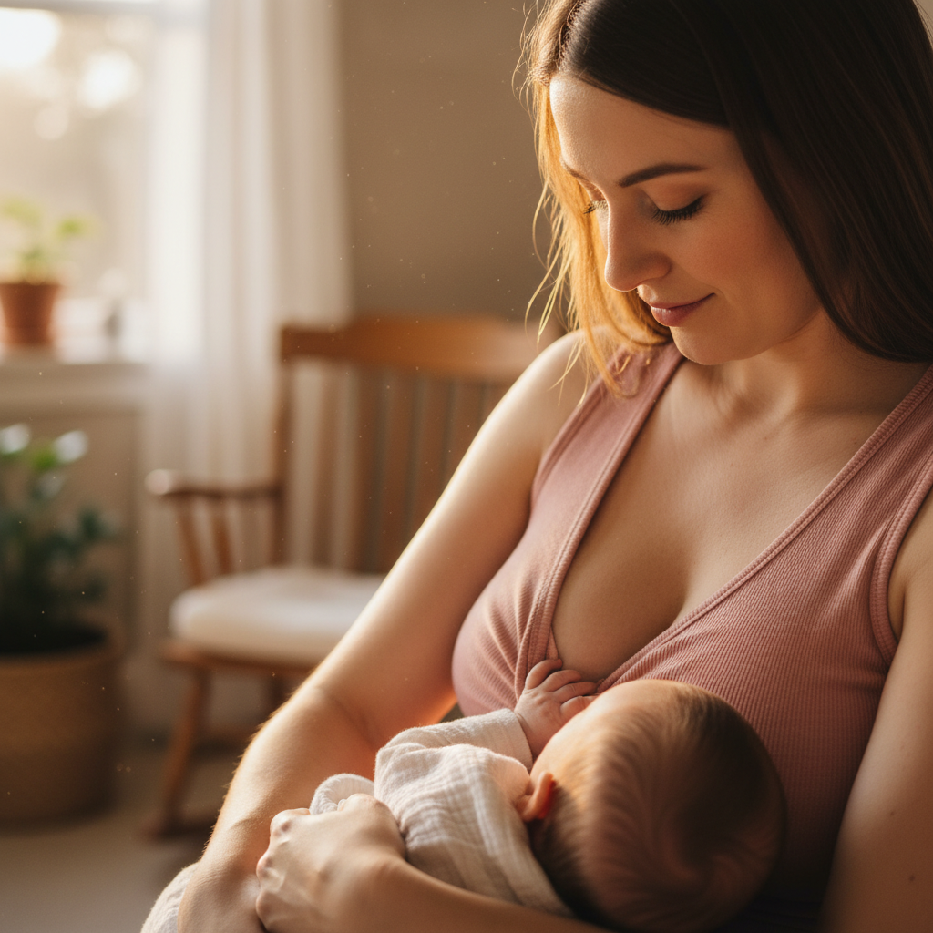 Dusk nursing tank in blush rose worn by breastfeeding mother