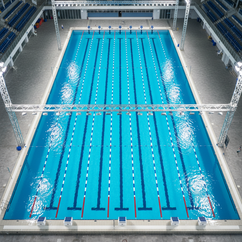 Aerial view of an Olympic-specification swimming pool with lane markings and overhead lighting