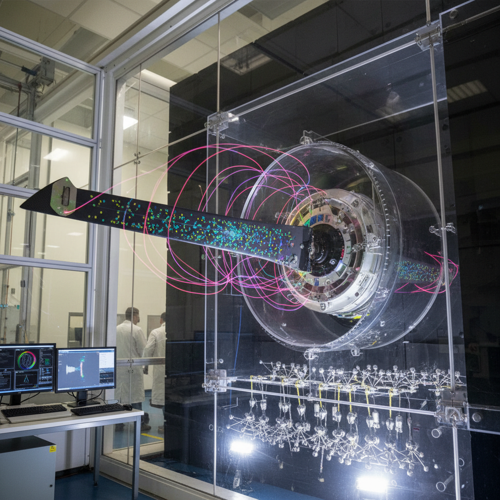 Wind tunnel testing of advanced rotor blade design with acoustic measurement equipment and airflow visualization