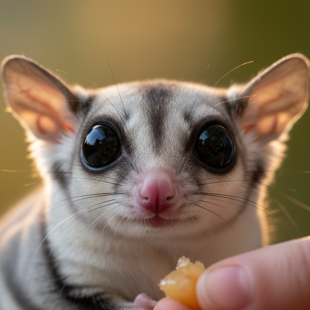 Extreme close-up macro photograph of a sugar glider face with enormous reflective black eyes, tiny pink nose, and translucent ears backlit to reveal delicate veins โ a child's blurred fingertip enters the bottom-right corner offering a treat