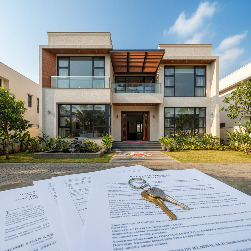 Bank documents, home loan application form and keys on a desk, NRI home loan process in India
