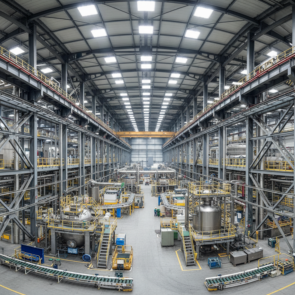 Industrial processing facility with fabricated steel structures and maintenance equipment in open daylight