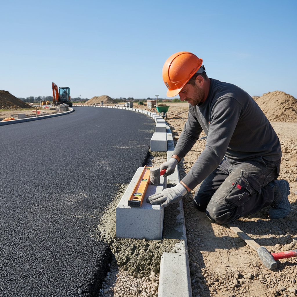 Worker setting concrete kerb edge along road boundary