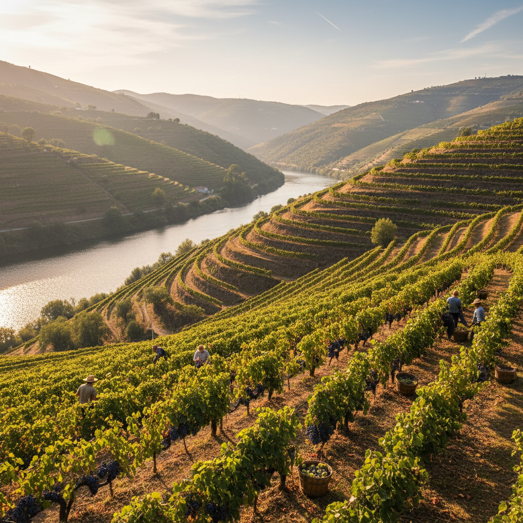 Terraced vineyards cascading down to the Douro River in Portugal at harvest time