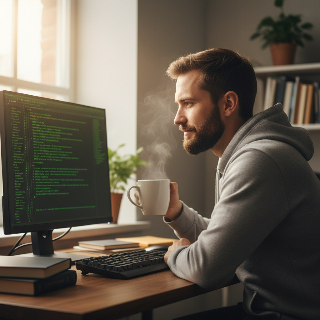 Amir Hassan, backend engineer, relaxed at desk with coffee, reviewing code in editor with green syntax highlighting