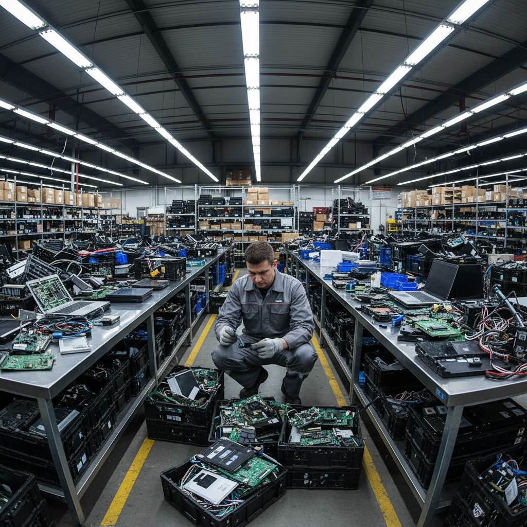 Workers at a professional e-waste recycling facility sorting and processing electronic components