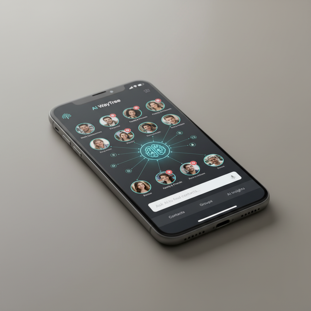 WayTree app running on smartphone showing AI contact organization interface
