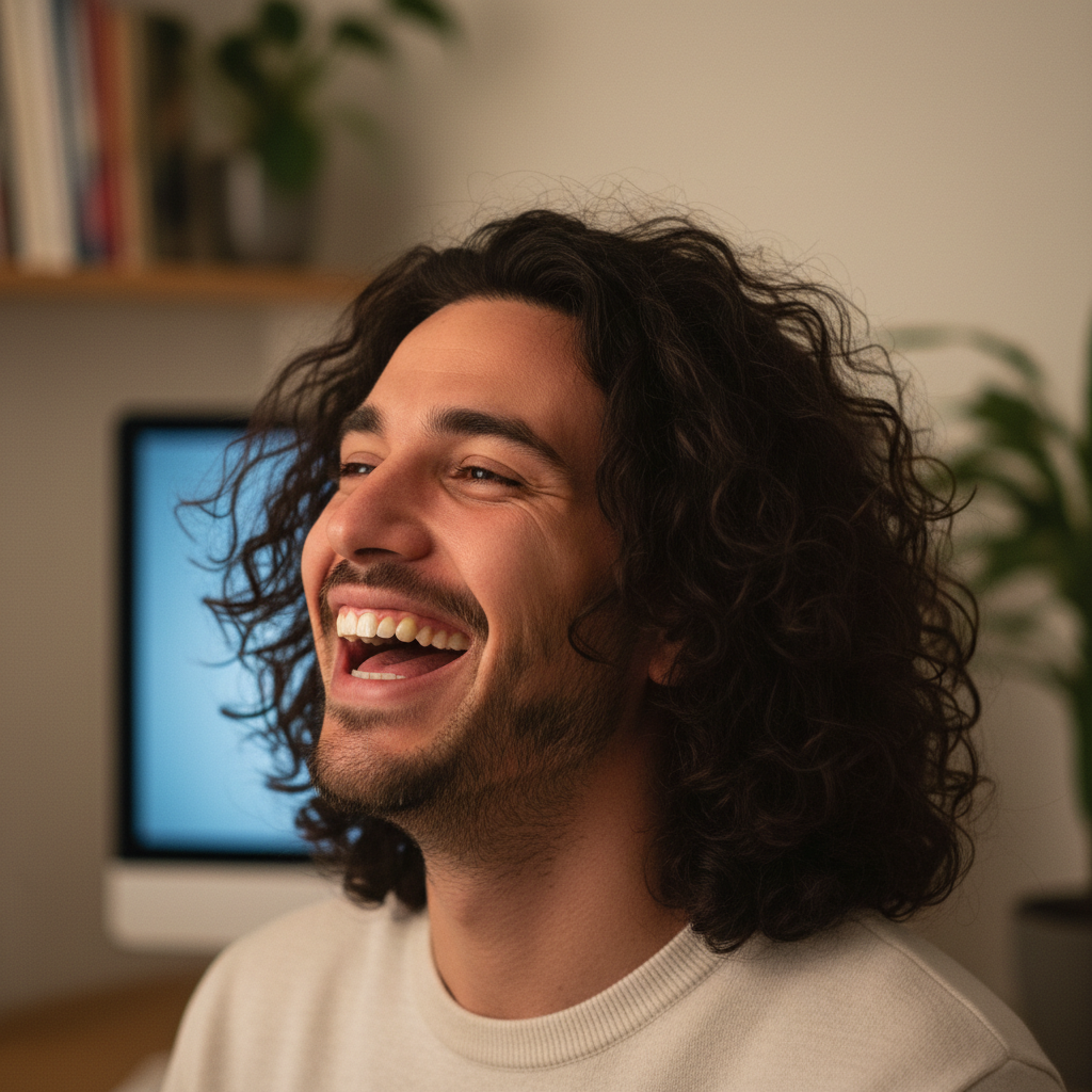 Jonah Castellano, a man with dark curly hair laughing in front of a monitor
